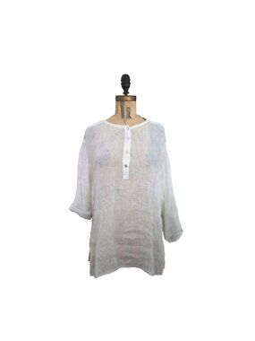 Eileen Fisher Linen Stripe Roll Tab Sleeve Henley Tunic Top Gray White S